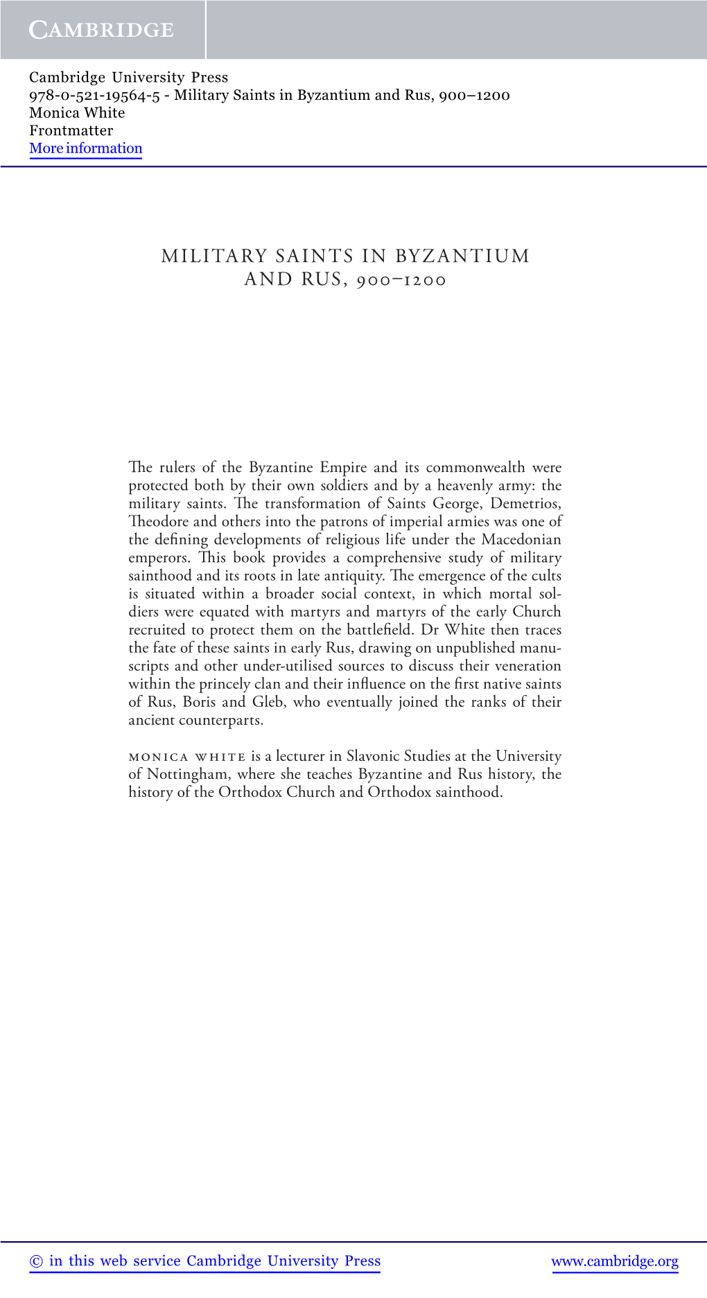 Military Saints in Byzantium and Rus, 900–1200 Monica White Frontmatter More Information