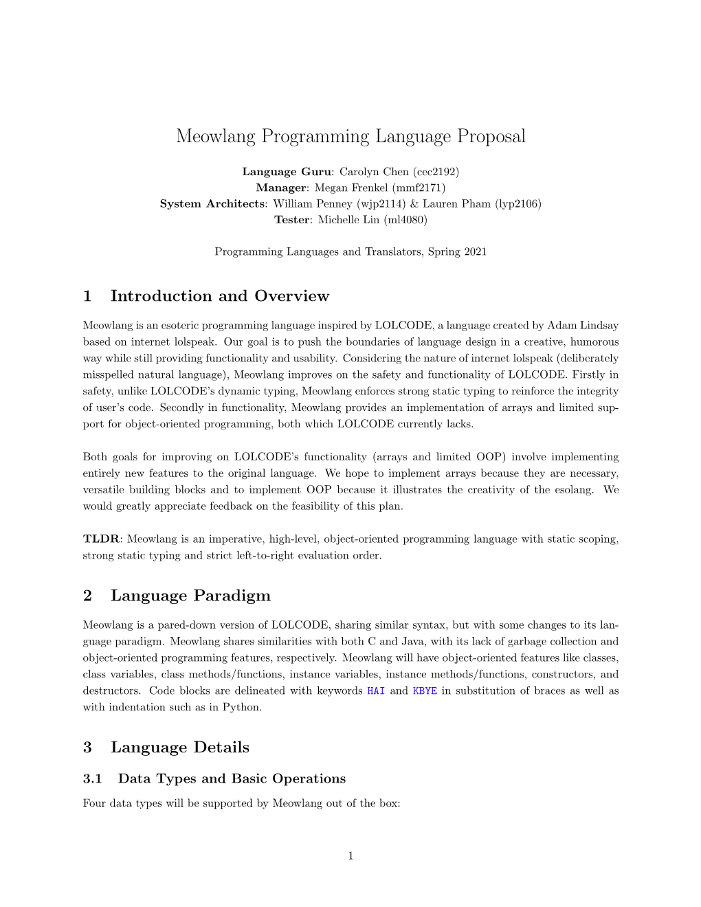 Meowlang Programming Language Proposal