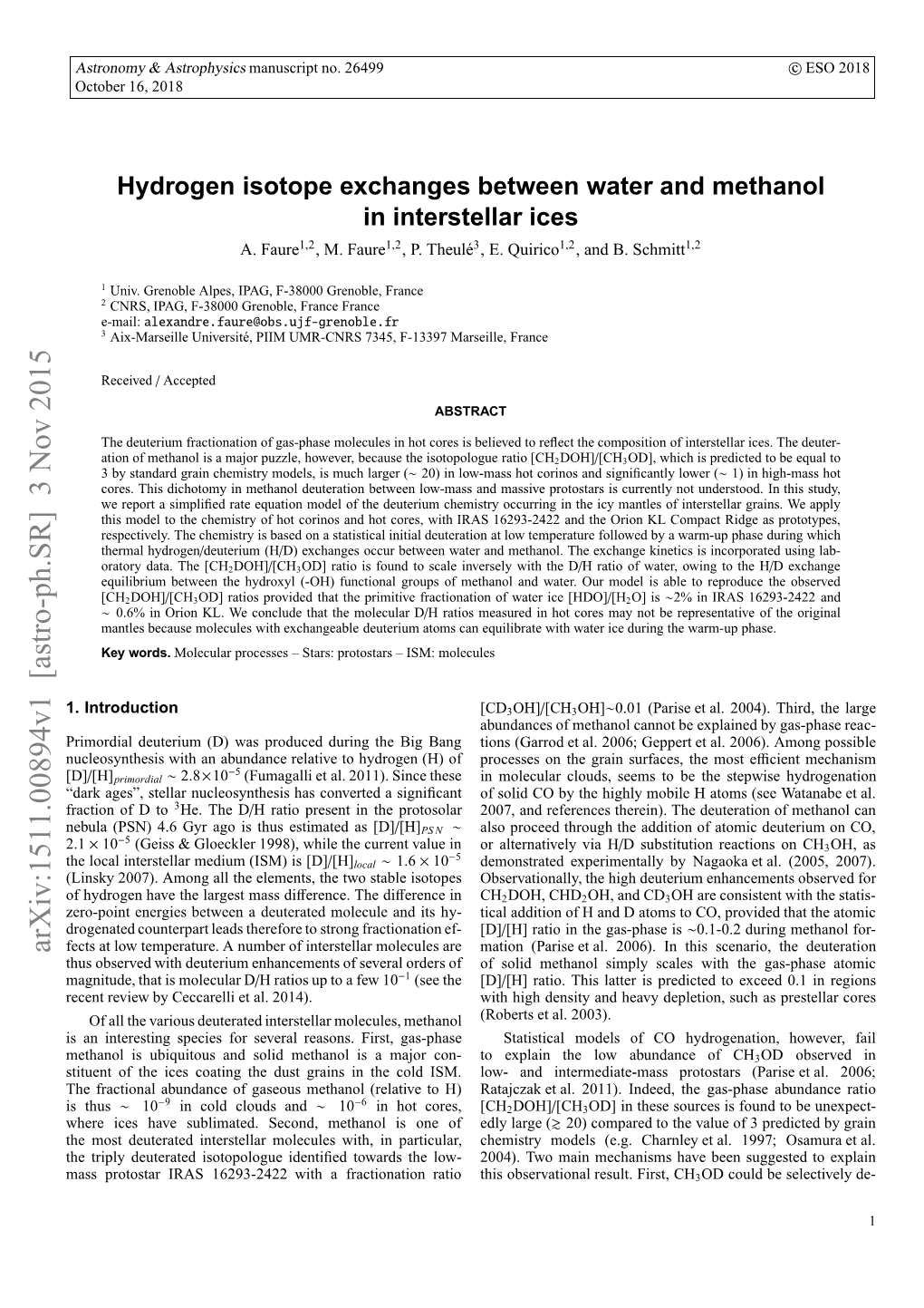 Hydrogen Isotope Exchanges Between Water and Methanol In