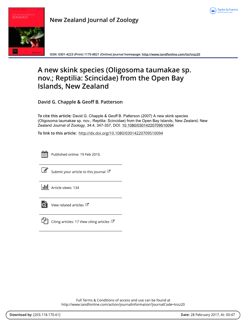A New Skink Species (Oligosoma Taumakae Sp. Nov.; Reptilia: Scincidae) from the Open Bay Islands, New Zealand