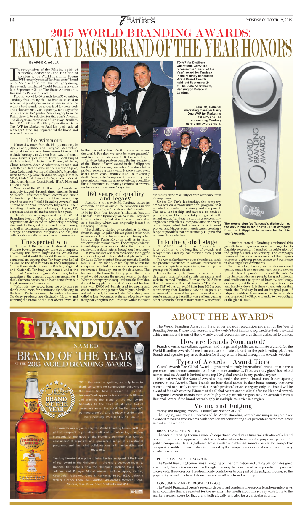 2015 WORLD BRANDING AWARDS: TANDUAY BAGS BRAND of the YEAR HONORS by ARGIE C