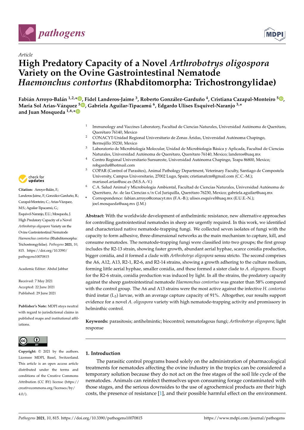 High Predatory Capacity of a Novel Arthrobotrys Oligospora Variety on the Ovine Gastrointestinal Nematode Haemonchus Contortus (Rhabditomorpha: Trichostrongylidae)