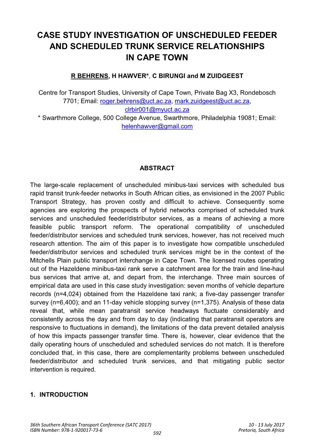 Case Study Investigation of Unscheduled Feeder and Scheduled Trunk Service Relationships in Cape Town