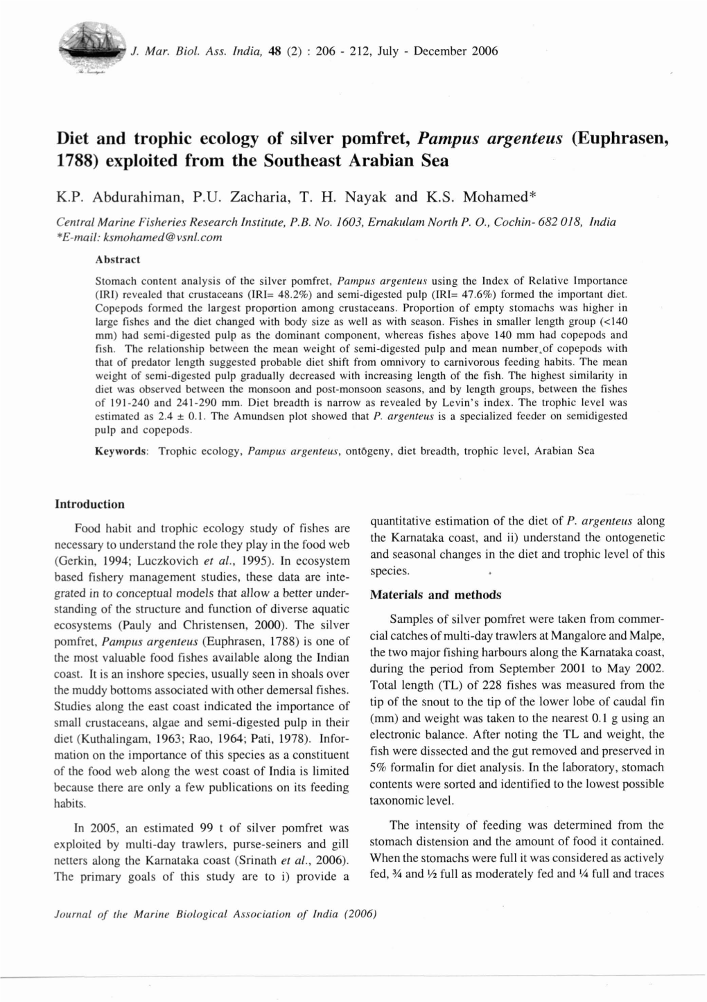 Diet and Trophic Ecology of Silver Pomfret, Pampus Argenteus (Euphrasen, 1788) Exploited from the Southeast Arabian Sea