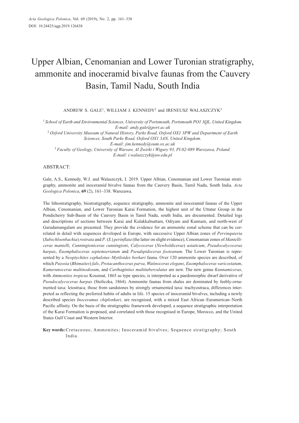 Upper Albian, Cenomanian and Lower Turonian Stratigraphy, Ammonite and Inoceramid Bivalve Faunas from the Cauvery Basin, Tamil Nadu, South India