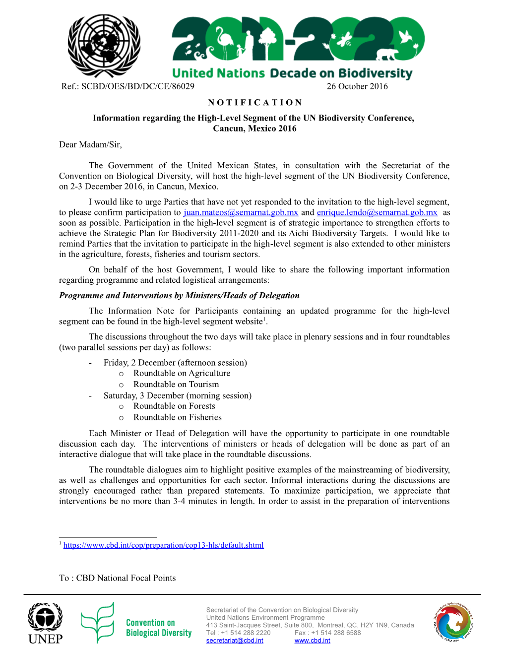 Information Regarding the High-Level Segment of the UN Biodiversity Conference