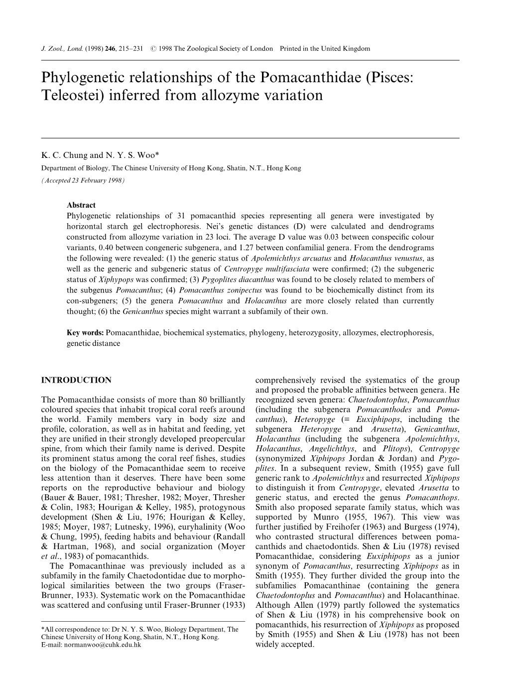 Phylogenetic Relationships of the Pomacanthidae (Pisces: Teleostei) Inferred from Allozyme Variation