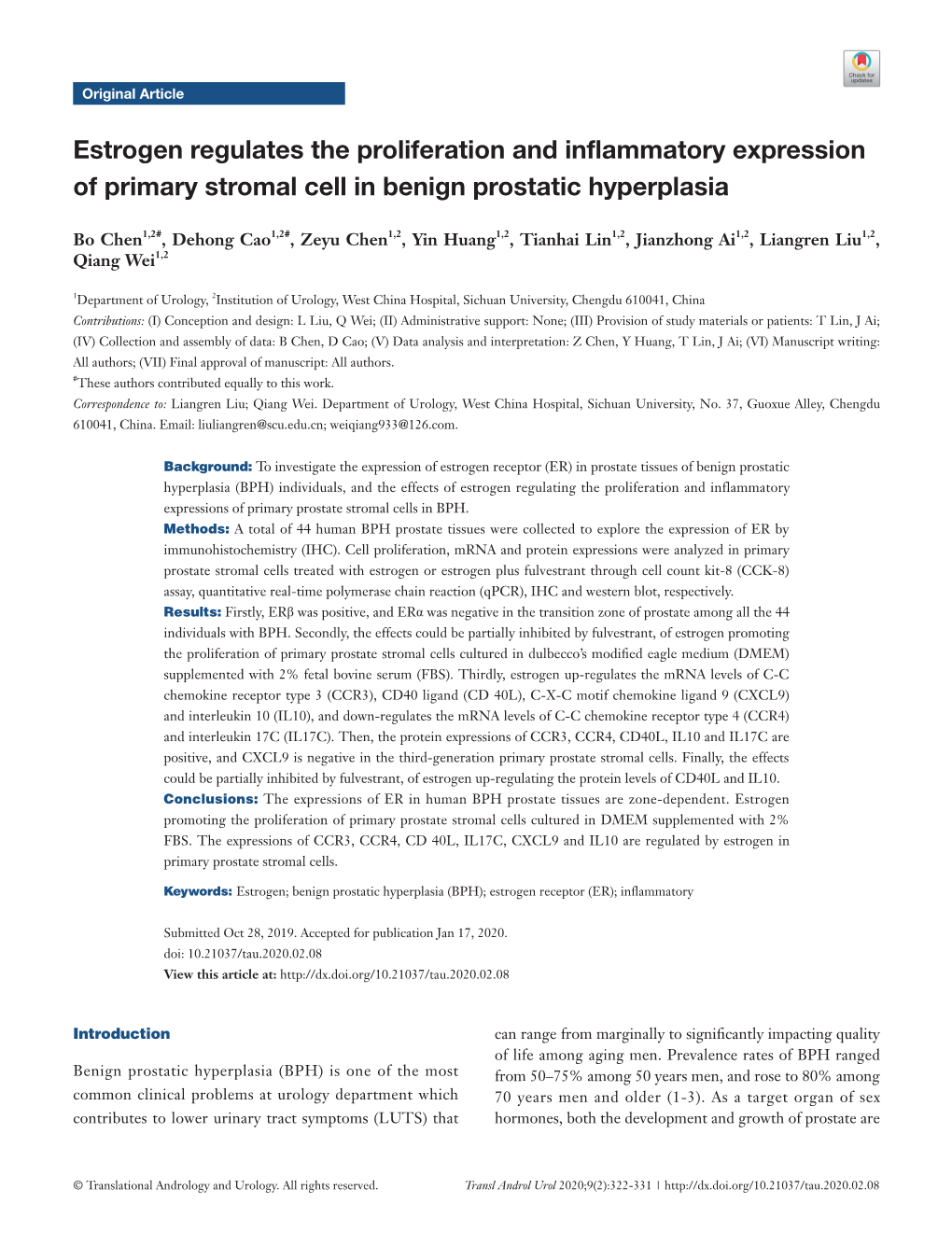 Estrogen Regulates the Proliferation and Inflammatory Expression of Primary Stromal Cell in Benign Prostatic Hyperplasia