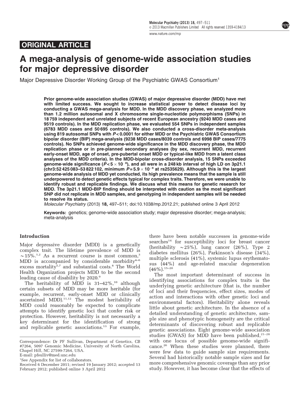 A Mega-Analysis of Genome-Wide Association Studies for Major Depressive Disorder Major Depressive Disorder Working Group of the Psychiatric GWAS Consortium1