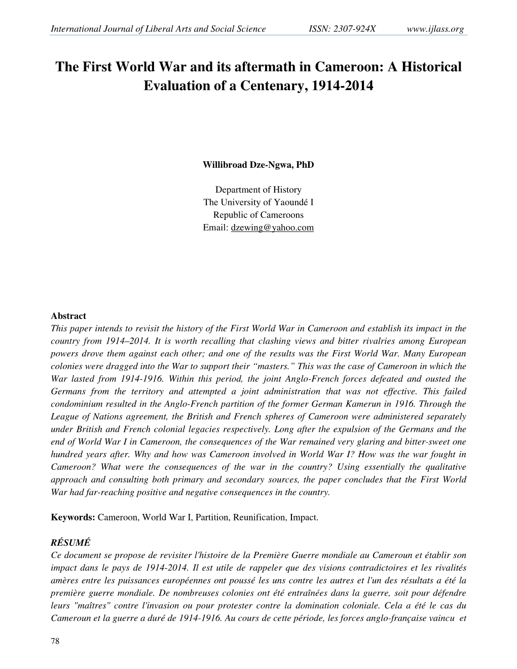 The First World War and Its Aftermath in Cameroon: a Historical Evaluation of a Centenary, 1914-2014