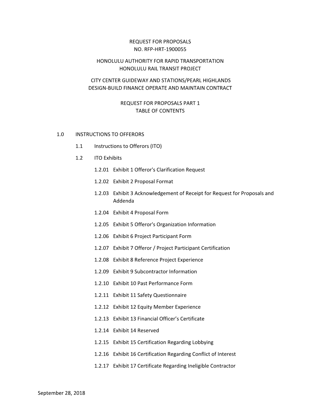 September 28, 2018 REQUEST for PROPOSALS NO. RFP-HRT