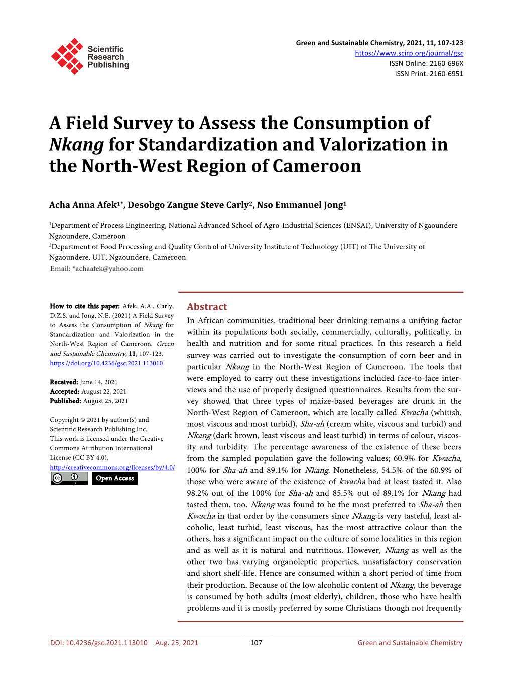 A Field Survey to Assess the Consumption of Nkang for Standardization and Valorization in the North-West Region of Cameroon