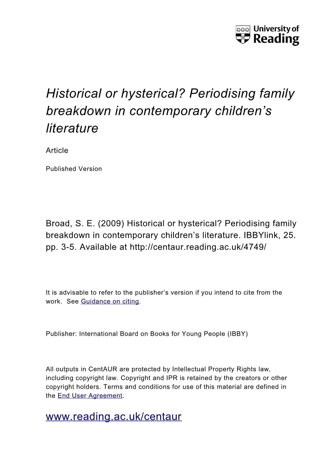 Periodising Family Breakdown in Contemporary Children's Literature