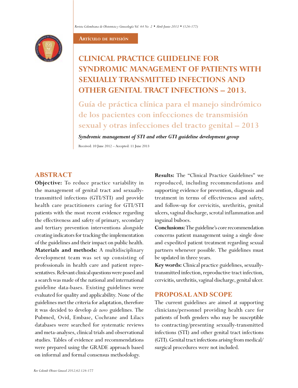 Clinical Practice Guideline for Syndromic Management of Patients with Sexually Transmitted Infections and Other Genital Tract Infections – 2013