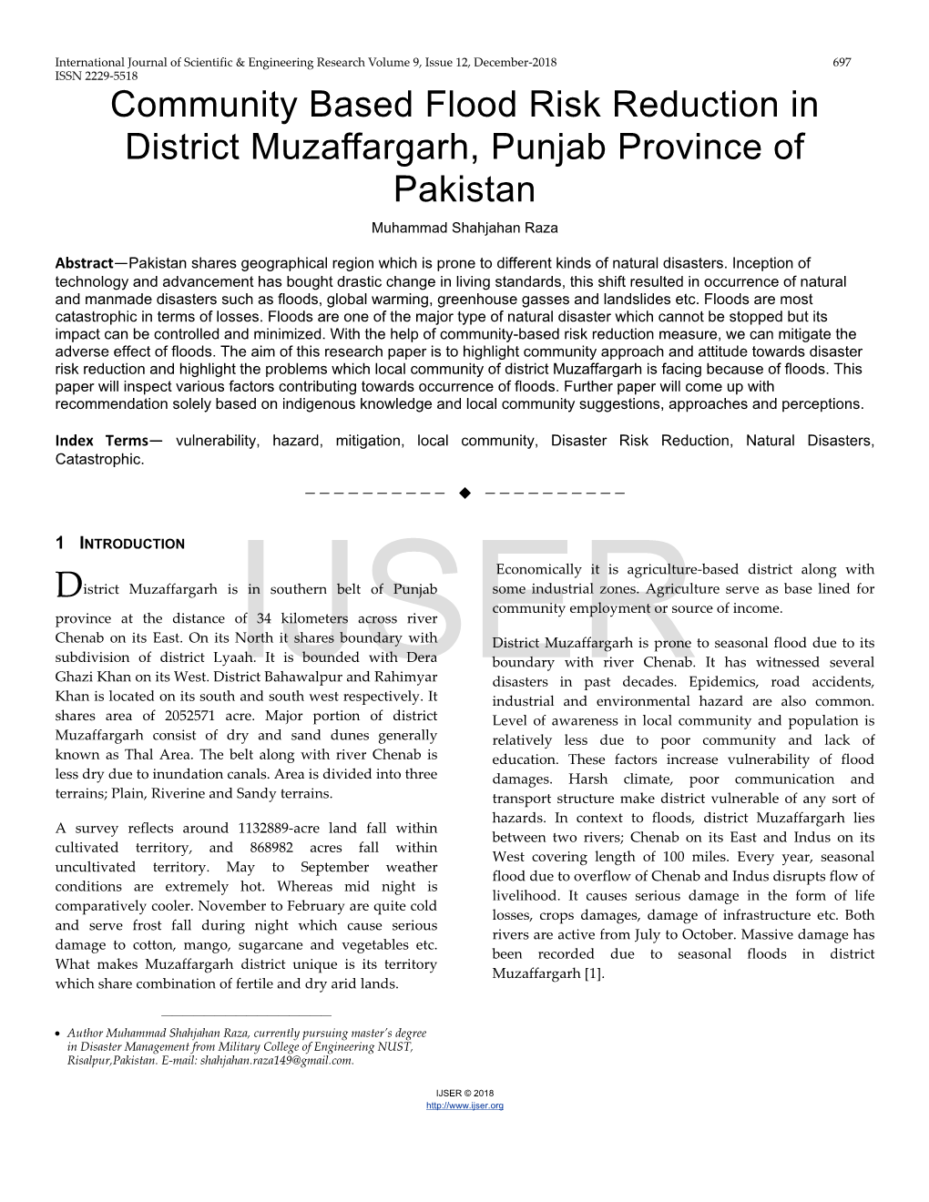 Community Based Flood Risk Reduction in District Muzaffargarh, Punjab Province of Pakistan Muhammad Shahjahan Raza