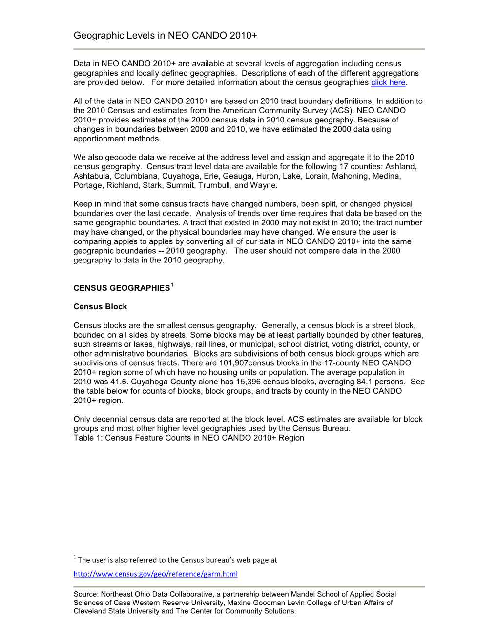 Geographic Levels in NEO CANDO 2010+