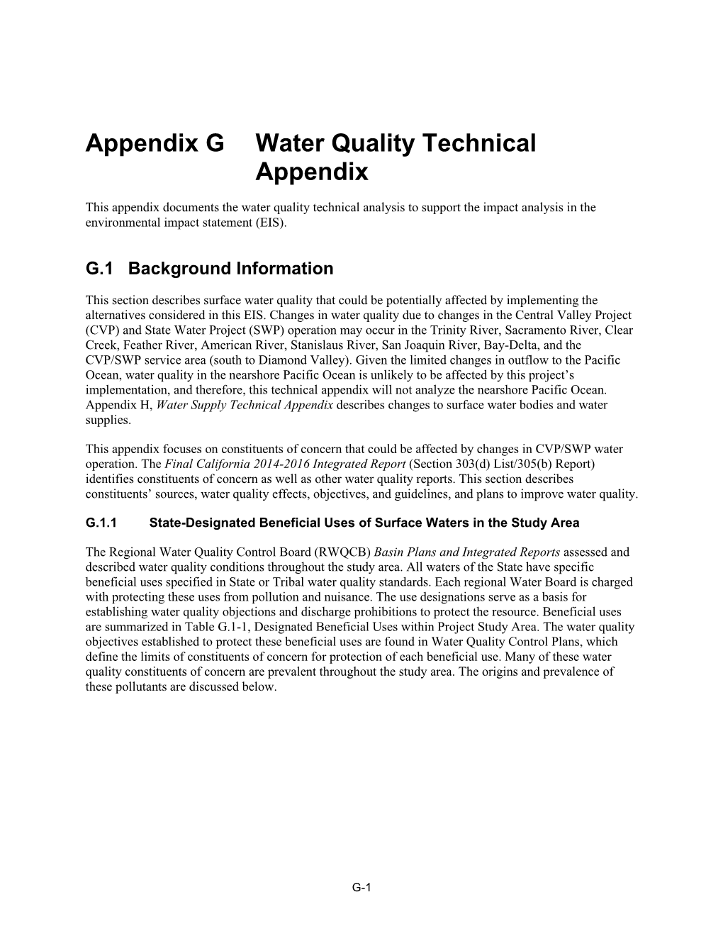 Appendix G: Water Quality Technical A