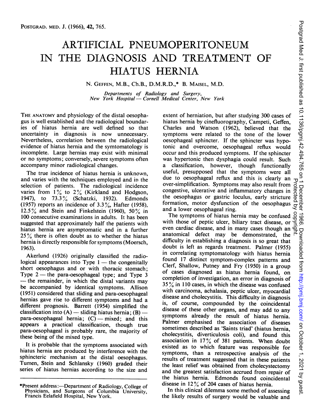 Artificial Pneumoperitoneum in the Diagnosis and Treatment of Hiatus Hernia N