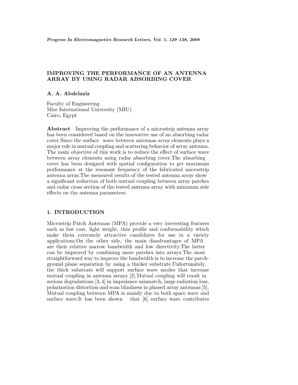 Improving the Performance of an Antenna Array by Using Radar Absorbing Cover