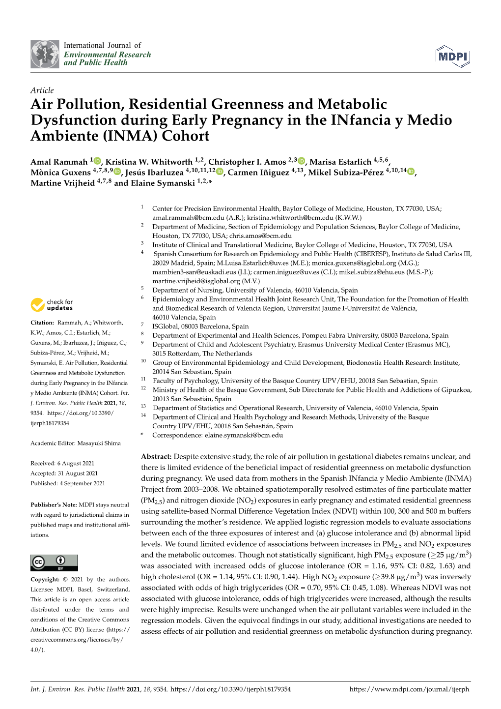 Air Pollution, Residential Greenness and Metabolic Dysfunction During Early Pregnancy in the Infancia Y Medio Ambiente (INMA) Cohort