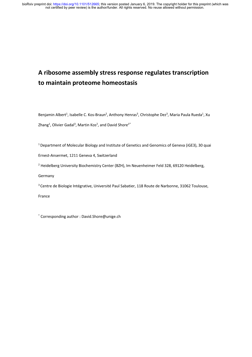 A Ribosome Assembly Stress Response Regulates Transcription to Maintain Proteome Homeostasis