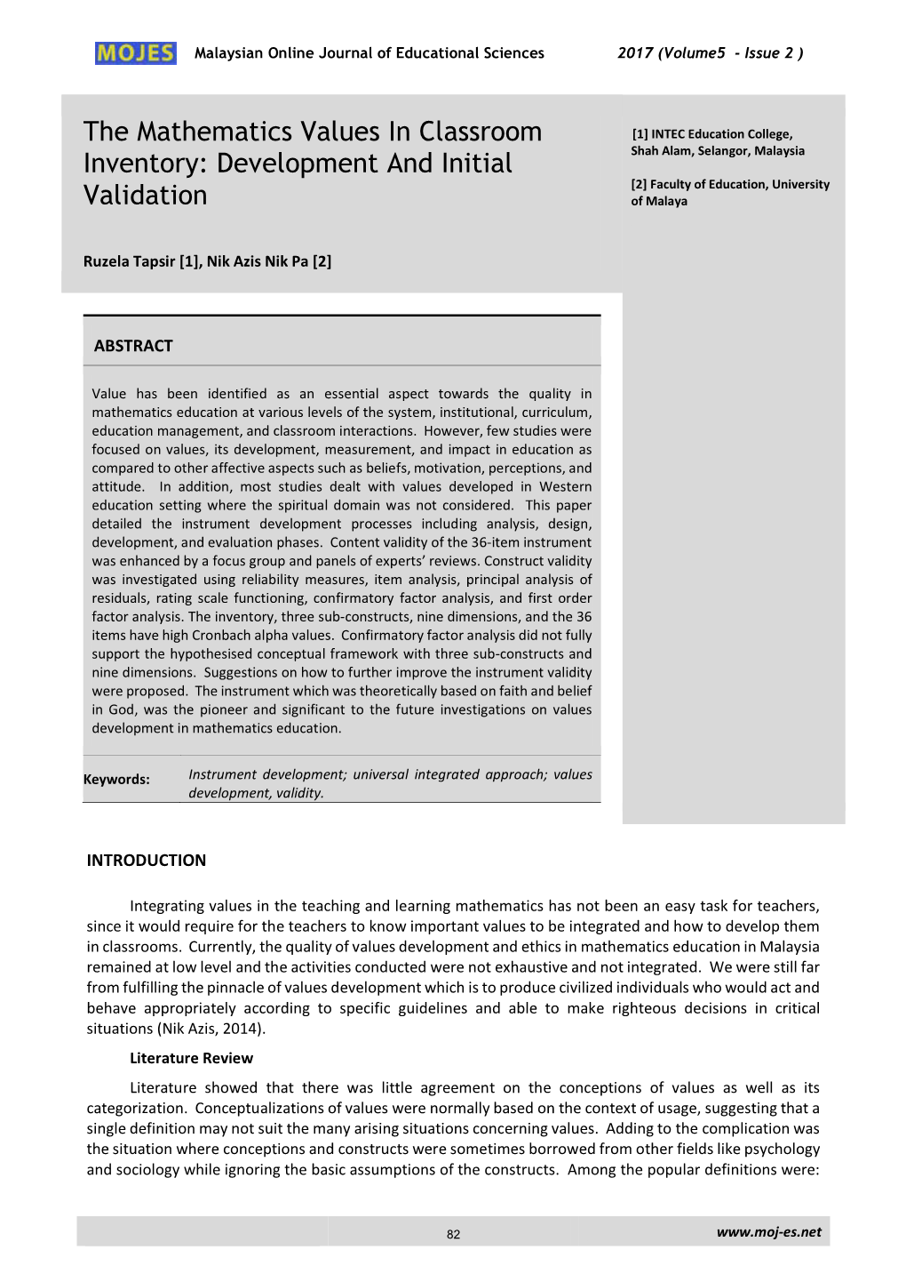 The Mathematics Values in Classroom Inventory: Development and Initial