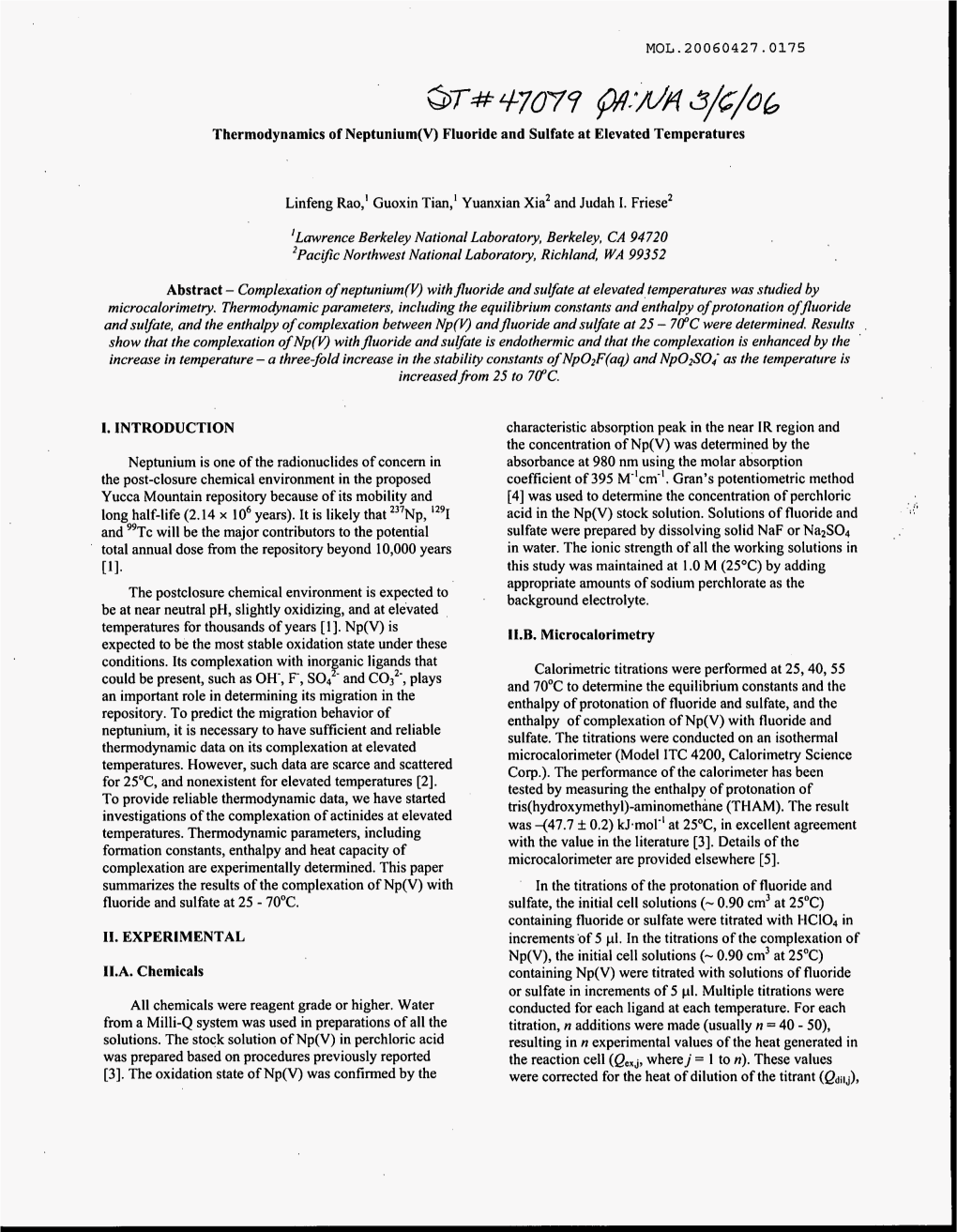 Thermodynamics of Neptunium(V) Fluoride and Sulfate at Elevated Temperatures