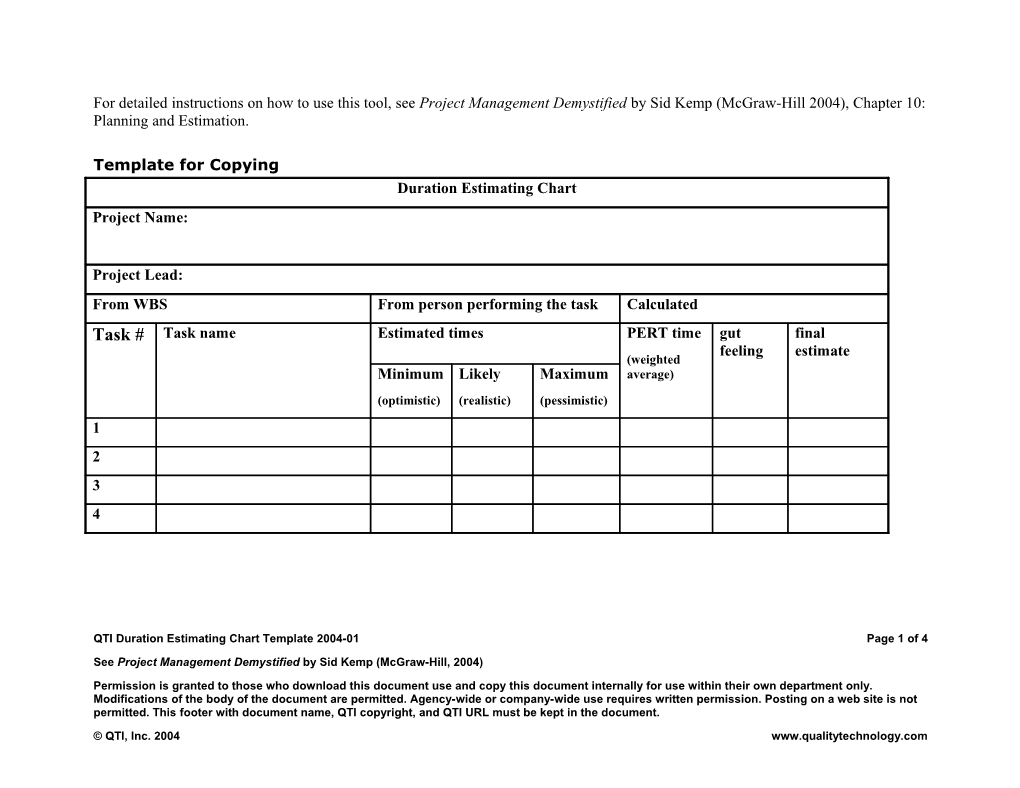 QTI Duration Estimating Chart Template