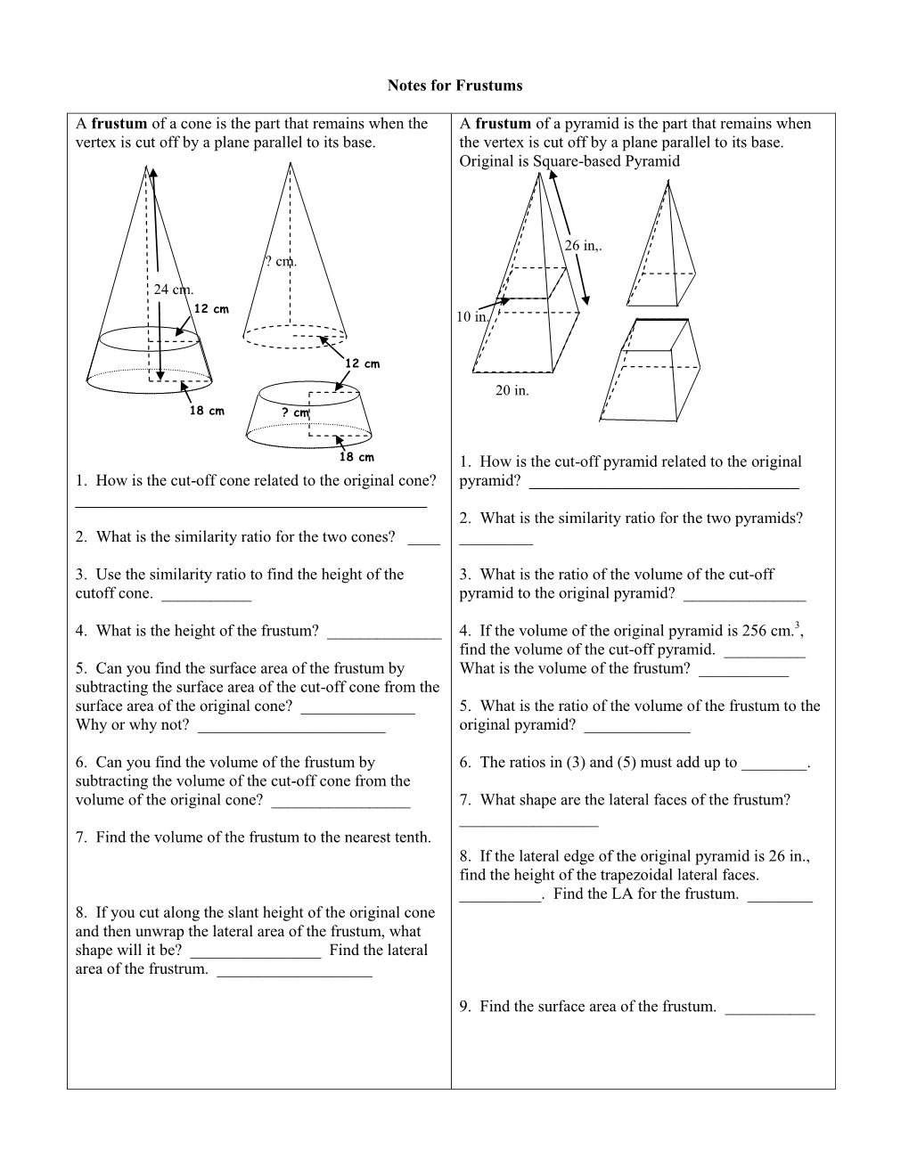 Notes for Frustums a Frustum of a Cone Is the Part That Remains When The