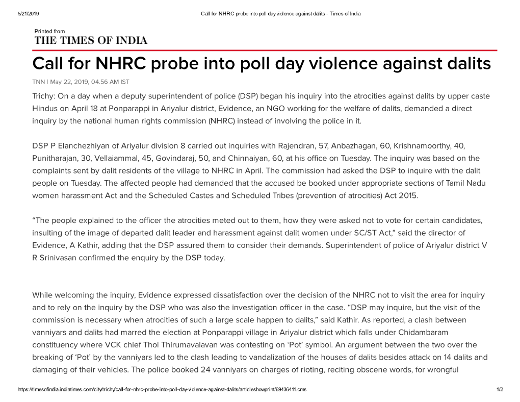 Call for NHRC Probe Into Poll Day Violence Against Dalits - Times of India