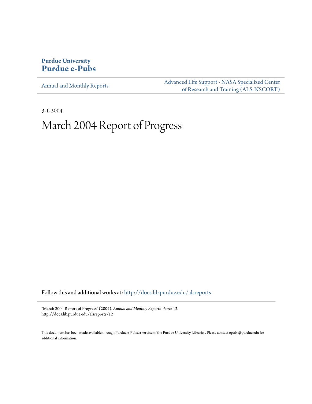 March 2004 Report of Progress
