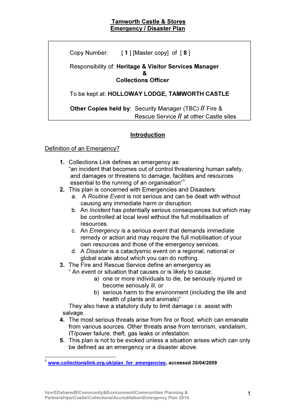 1 Tamworth Castle & Stores Emergency / Disaster Plan Copy