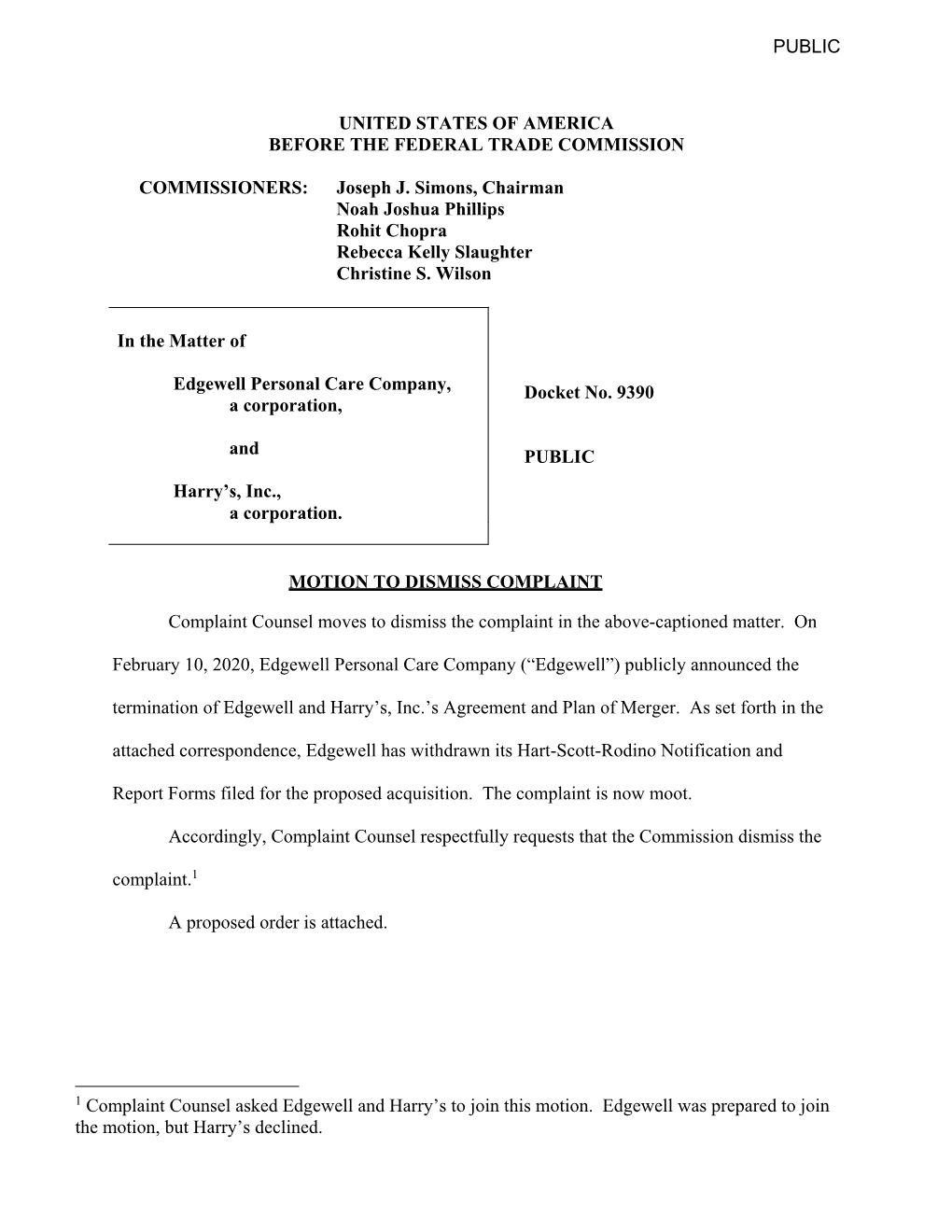 Complaint Counsel's Motion to Dismiss Complaint