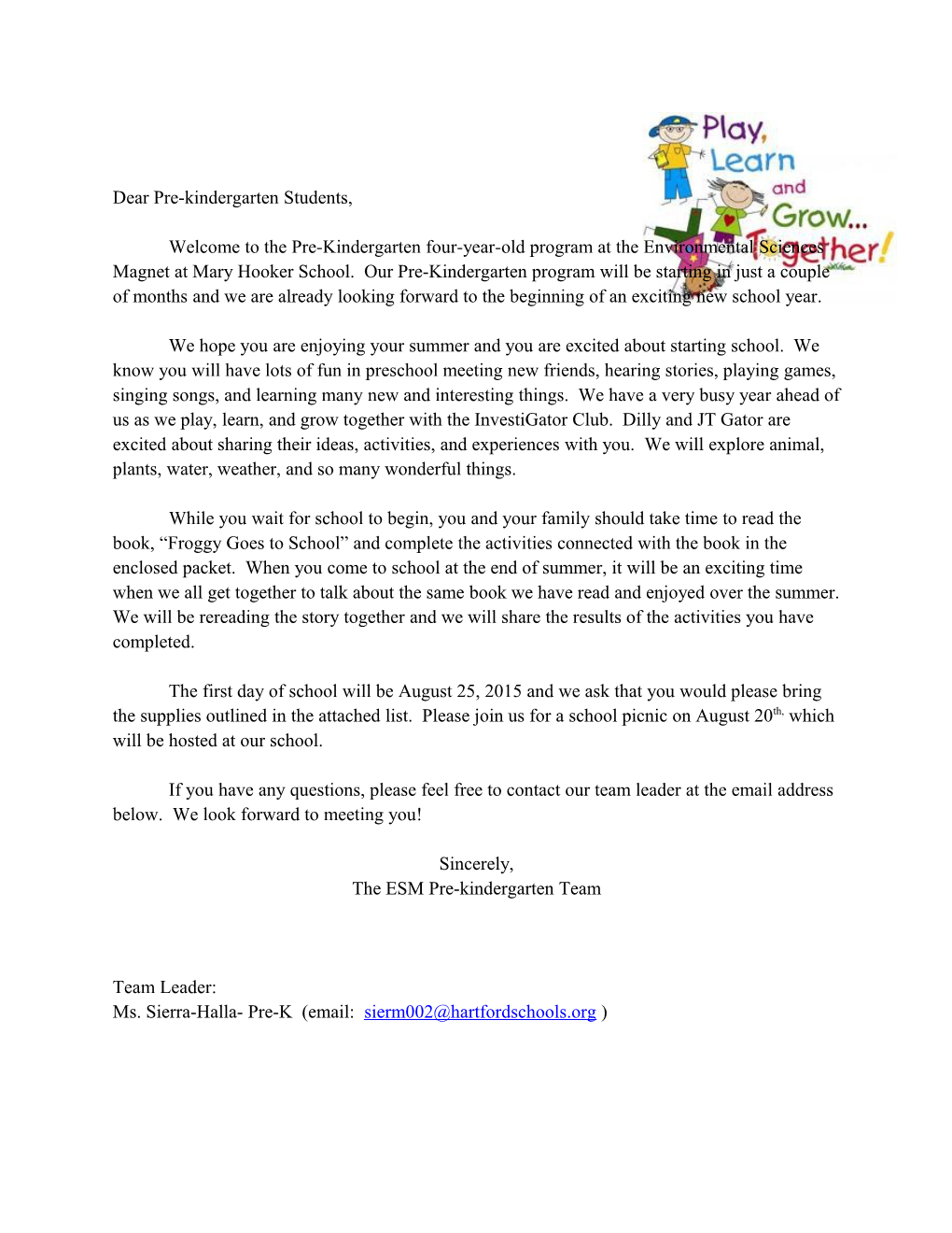 Dear Pre-Kindergarten Students