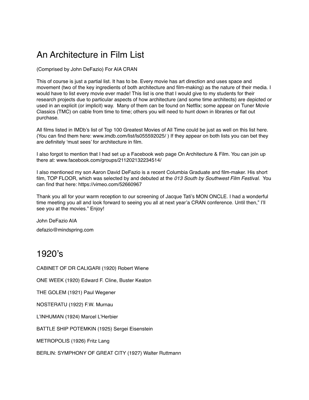 Architecture in Film Movie List 2015