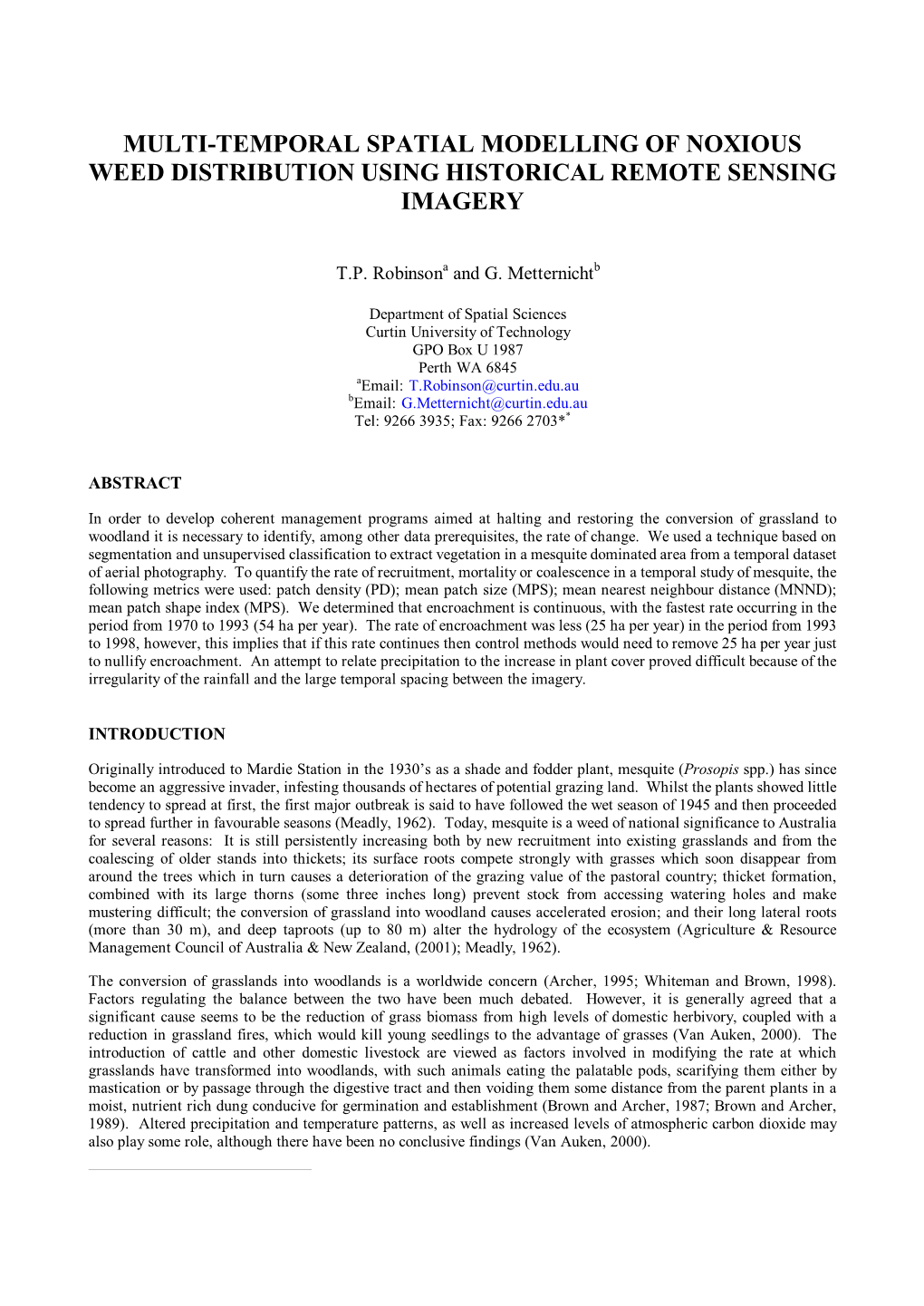 Multi-Temporal Spatial Modelling of Noxious Weed Distribution Using Historical Remote Sensing Imagery