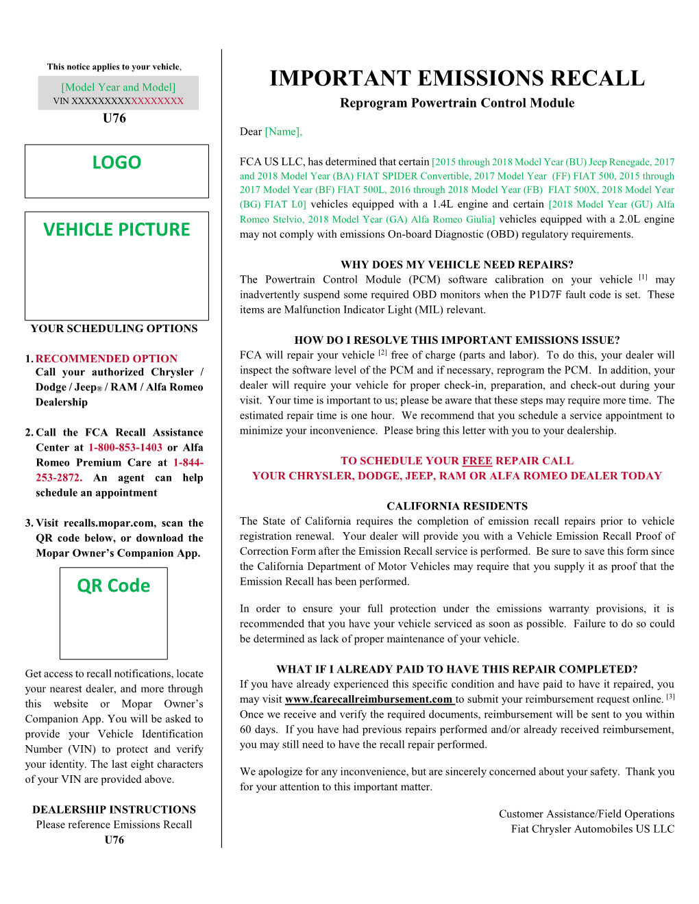 IMPORTANT EMISSIONS RECALL VIN XXXXXXXXXXXXXXXXX Reprogram Powertrain Control Module U76 Dear [Name]