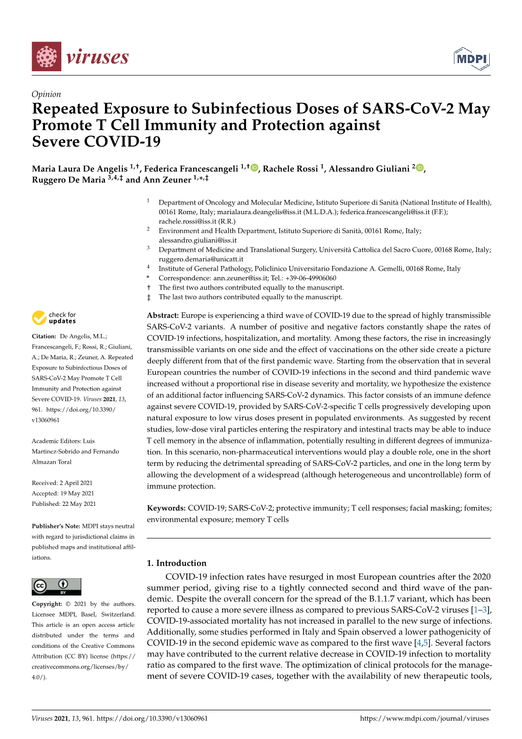 Repeated Exposure to Subinfectious Doses of SARS-Cov-2 May Promote T Cell Immunity and Protection Against Severe COVID-19