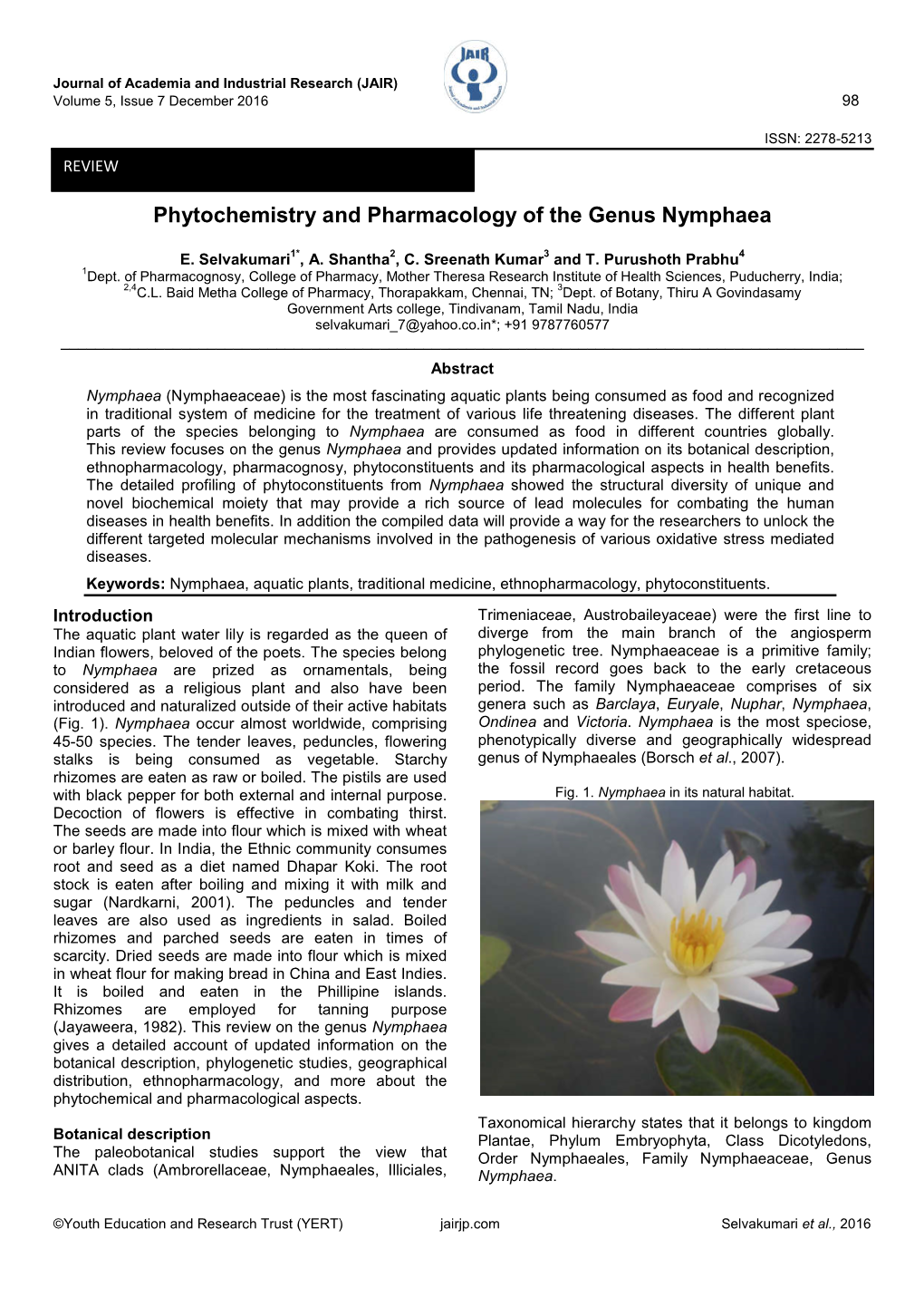 Phytochemistry and Pharmacology of the Genus Nymphaea
