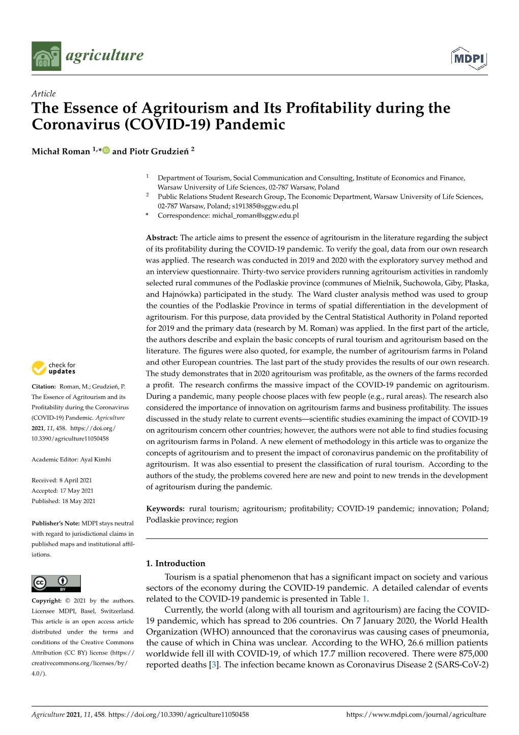 The Essence of Agritourism and Its Profitability During the Coronavirus