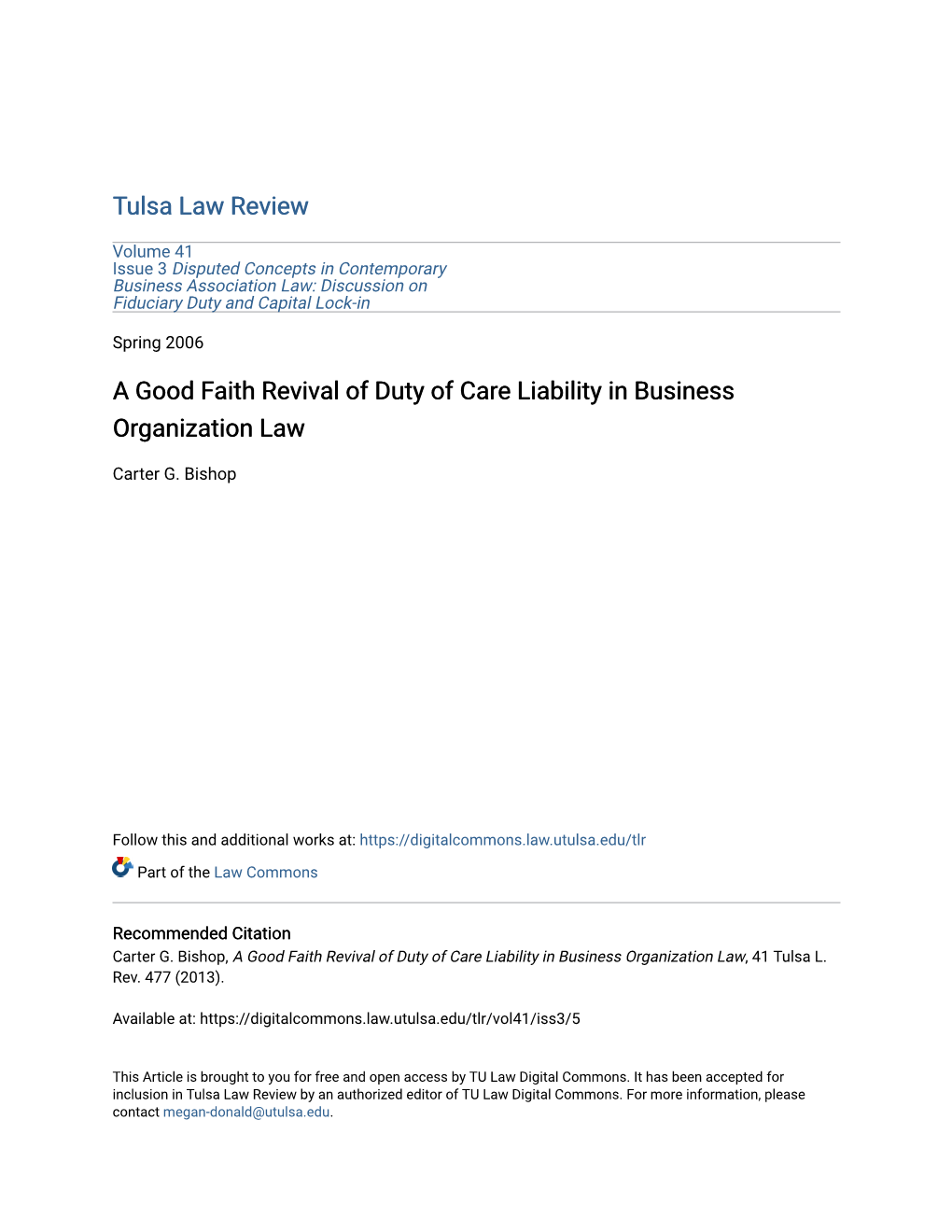 A Good Faith Revival of Duty of Care Liability in Business Organization Law