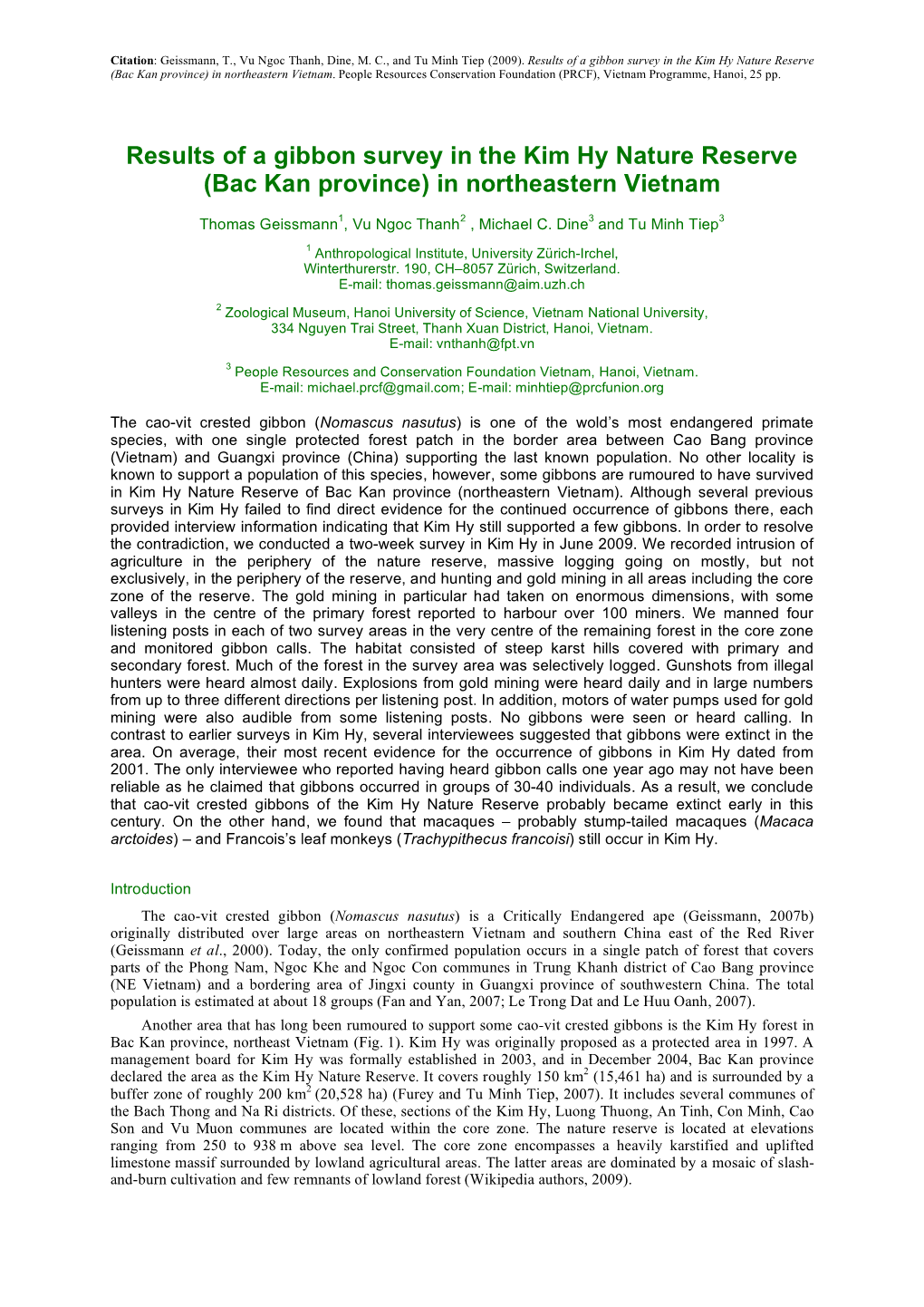 Results of a Gibbon Survey in the Kim Hy Nature Reserve (Bac Kan Province) in Northeastern Vietnam