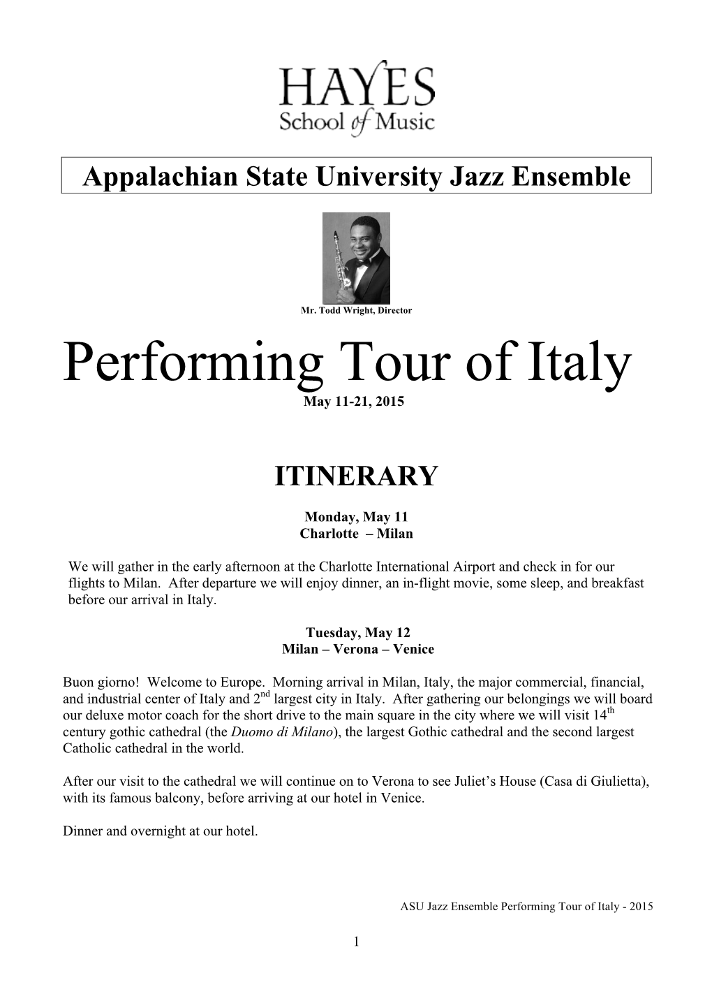 Performing Tour of Italy May 11-21, 2015