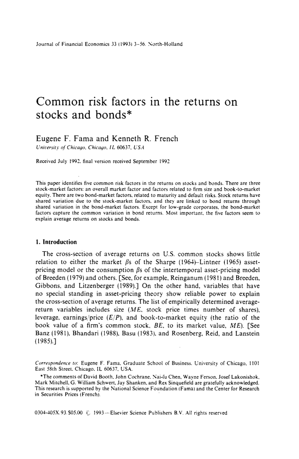 Common Risk Factors in the Returns on Stocks and Bonds*