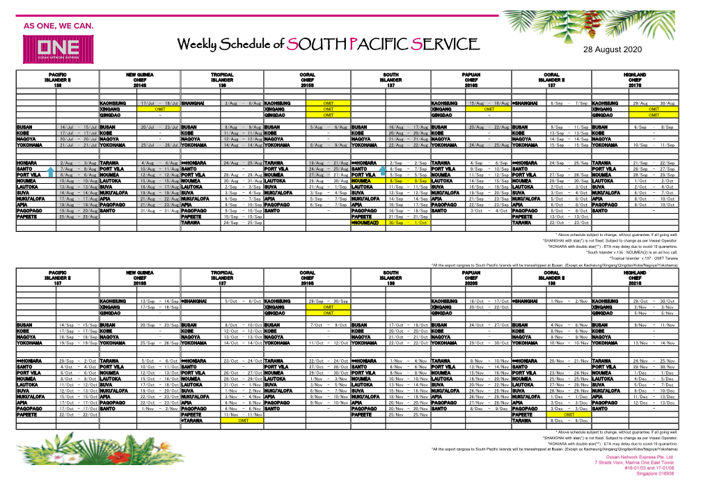 Weekly Schedule of SOUTH PACIFIC SERVICE 28 August 2020