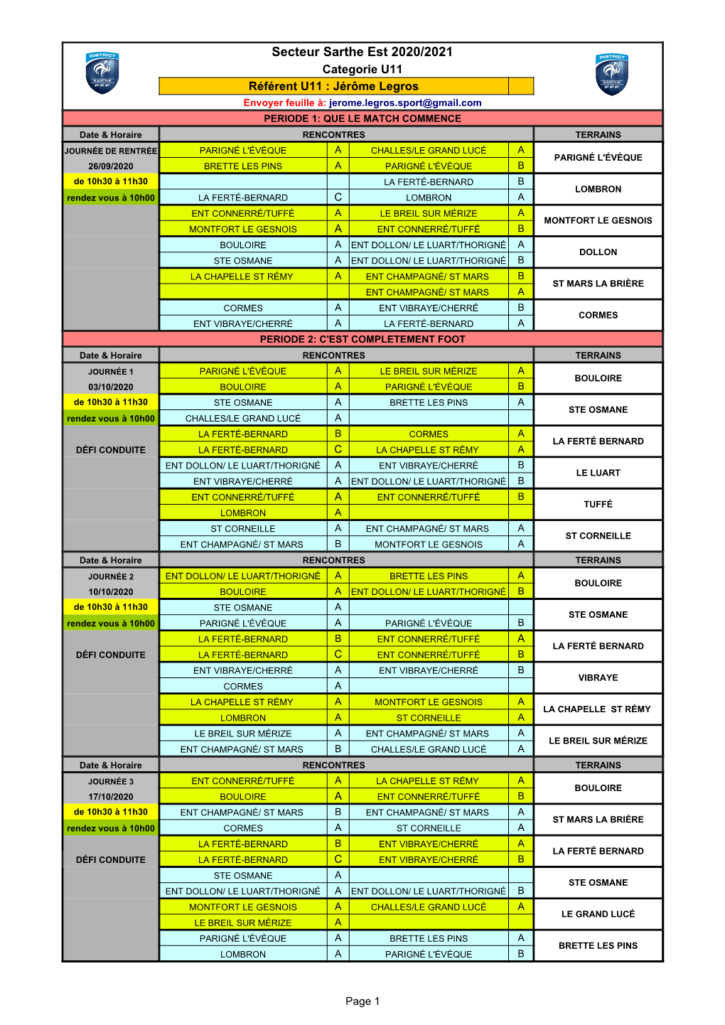 Calendrier U11 2020 2021