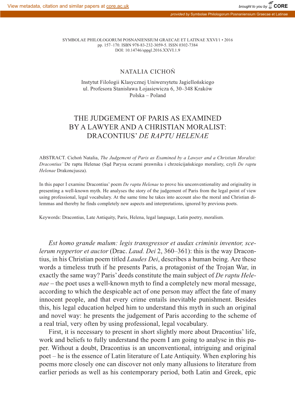 The Judgement of Paris As Examined by a Lawyer and a Christian Moralist: Dracontius’ De Raptu Helenae