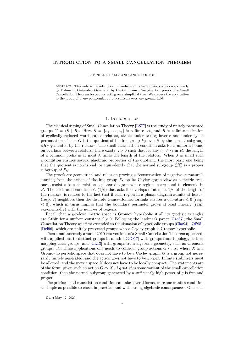 Introduction to a Small Cancellation Theorem