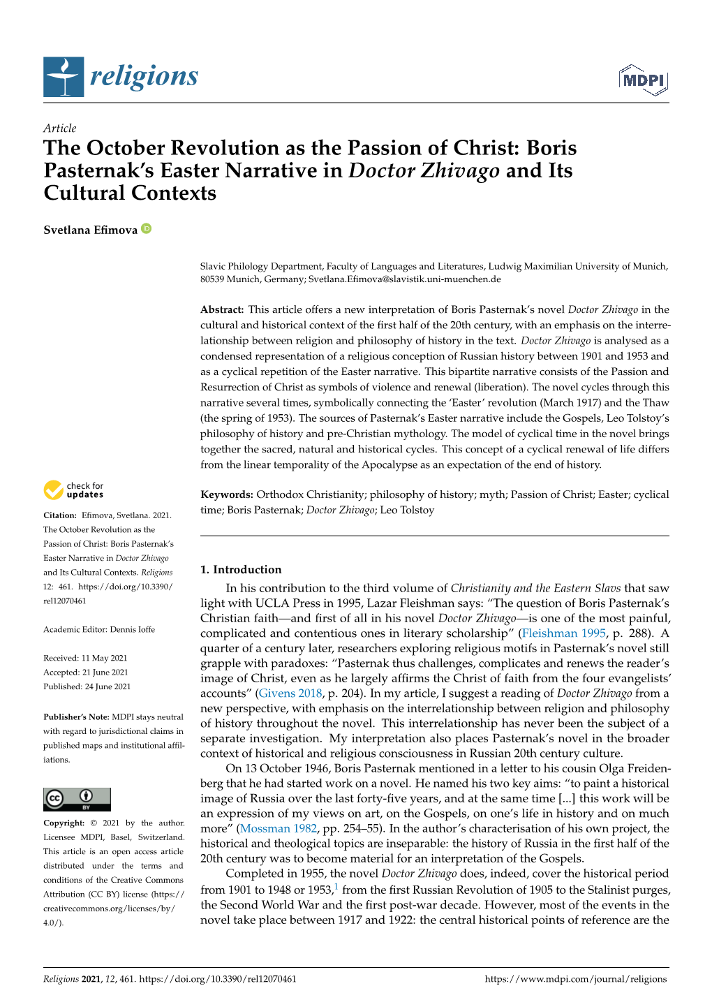 The October Revolution As the Passion of Christ: Boris Pasternak's Easter Narrative in Doctor Zhivago and Its Cultural Context