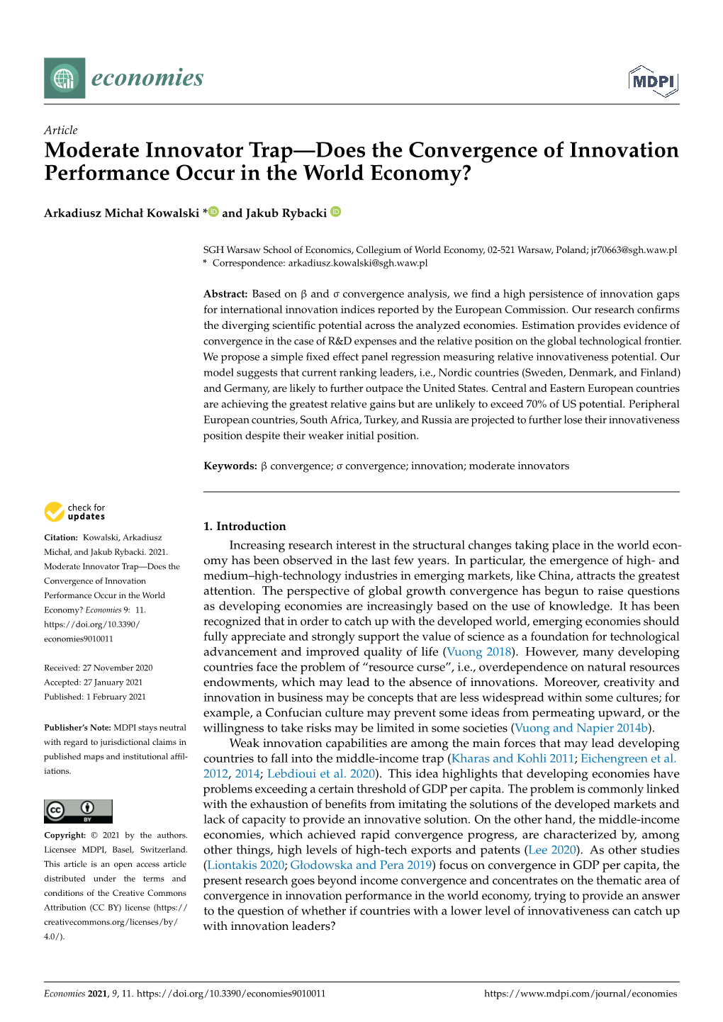 Moderate Innovator Trap—Does the Convergence of Innovation Performance Occur in the World Economy?